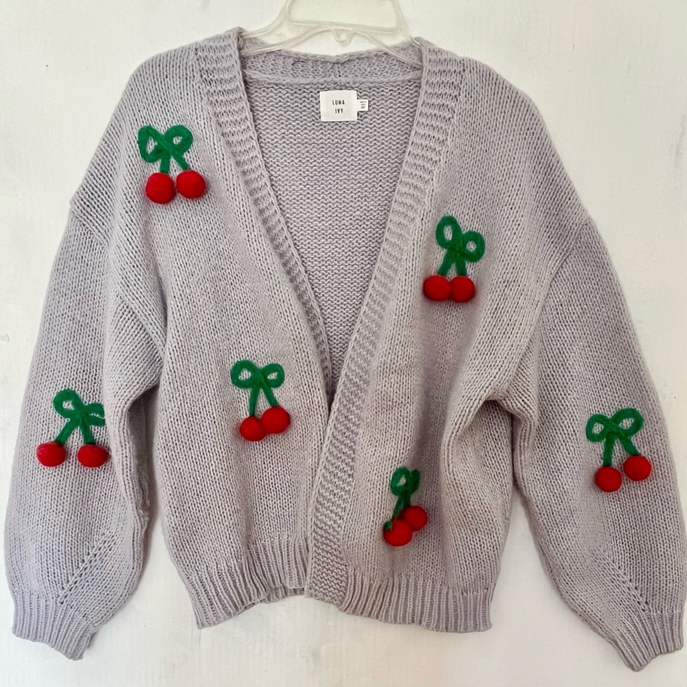 Luna Ivy Anthropologie Red Cherries Blue Gray Cardigan Sweater XS